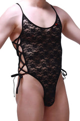 Black lace bodythong with floral pattern and adjustable side ties in lace material