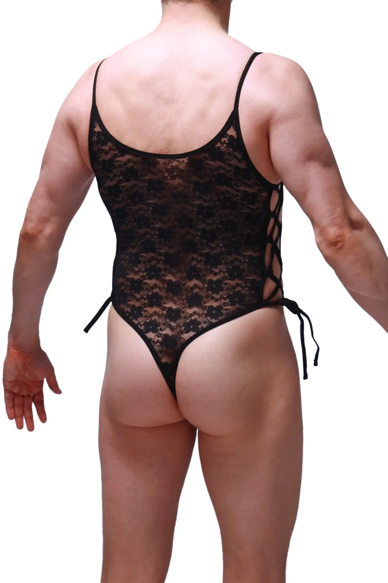 Black lace bodythong with floral pattern and side ties in a sheer lace material for intimate wear