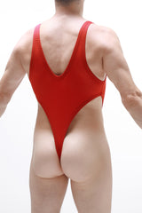 Red mesh one-piece swimsuit with deep v-back and high-cut legs shown from the back for PetitQ Bodythong Lepuil Bee Red