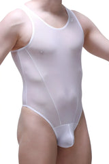 White sheer mesh one-piece swimsuit bodythong liry net white with scoop neckline and high-cut legs