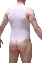 White sheer one-piece bodythong liry net with back seam and thong-style bottom shown from the back side