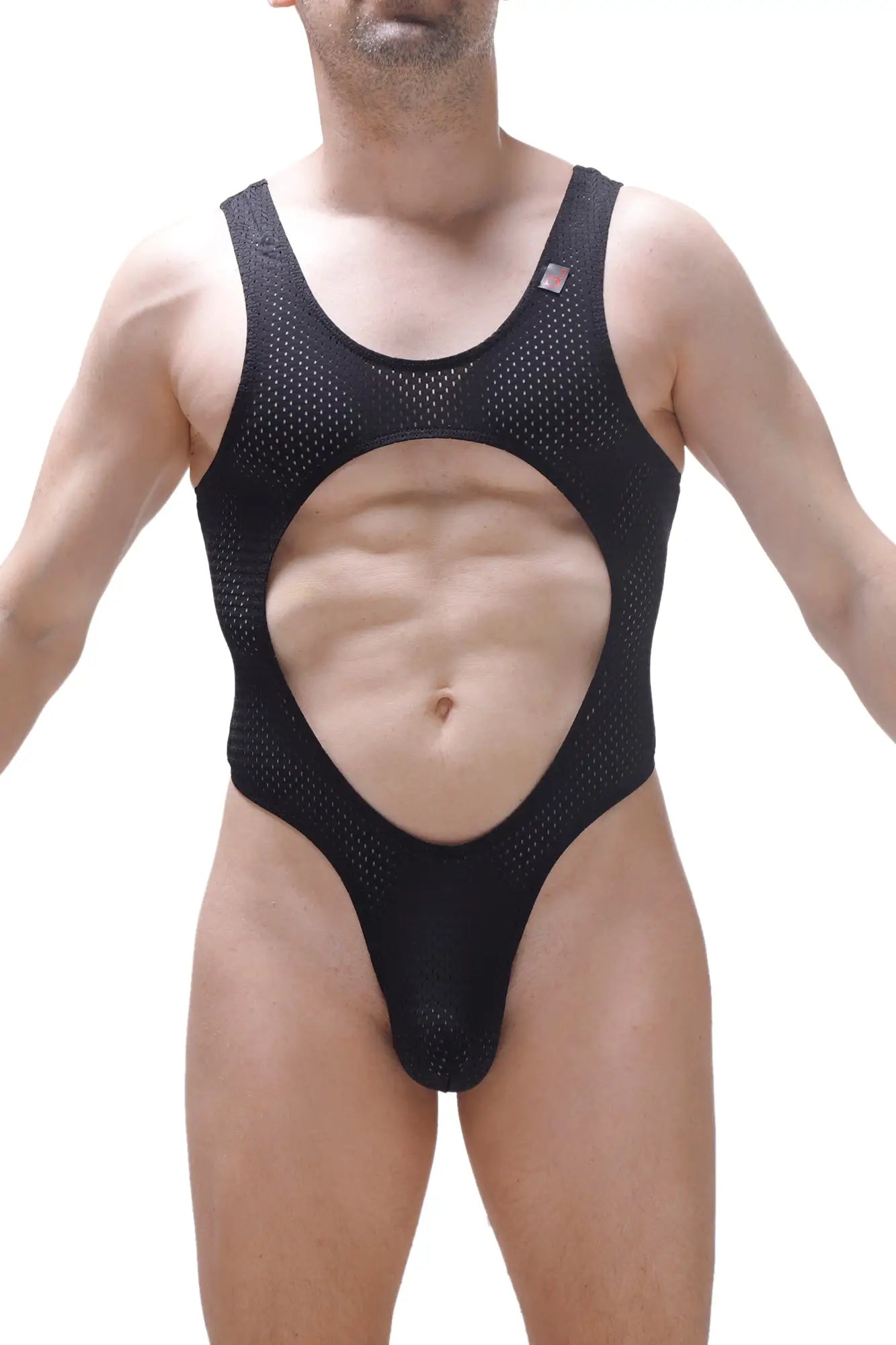 Black mesh one-piece swimsuit bodythong lislay bee black with a large cutout revealing the abdomen