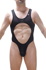 Black mesh one-piece swimsuit bodythong lislay bee black with a large cutout revealing the abdomen