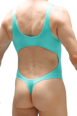 Turquoise bodythong nexon joe green one-piece swimsuit with cutout back design shown from the back side