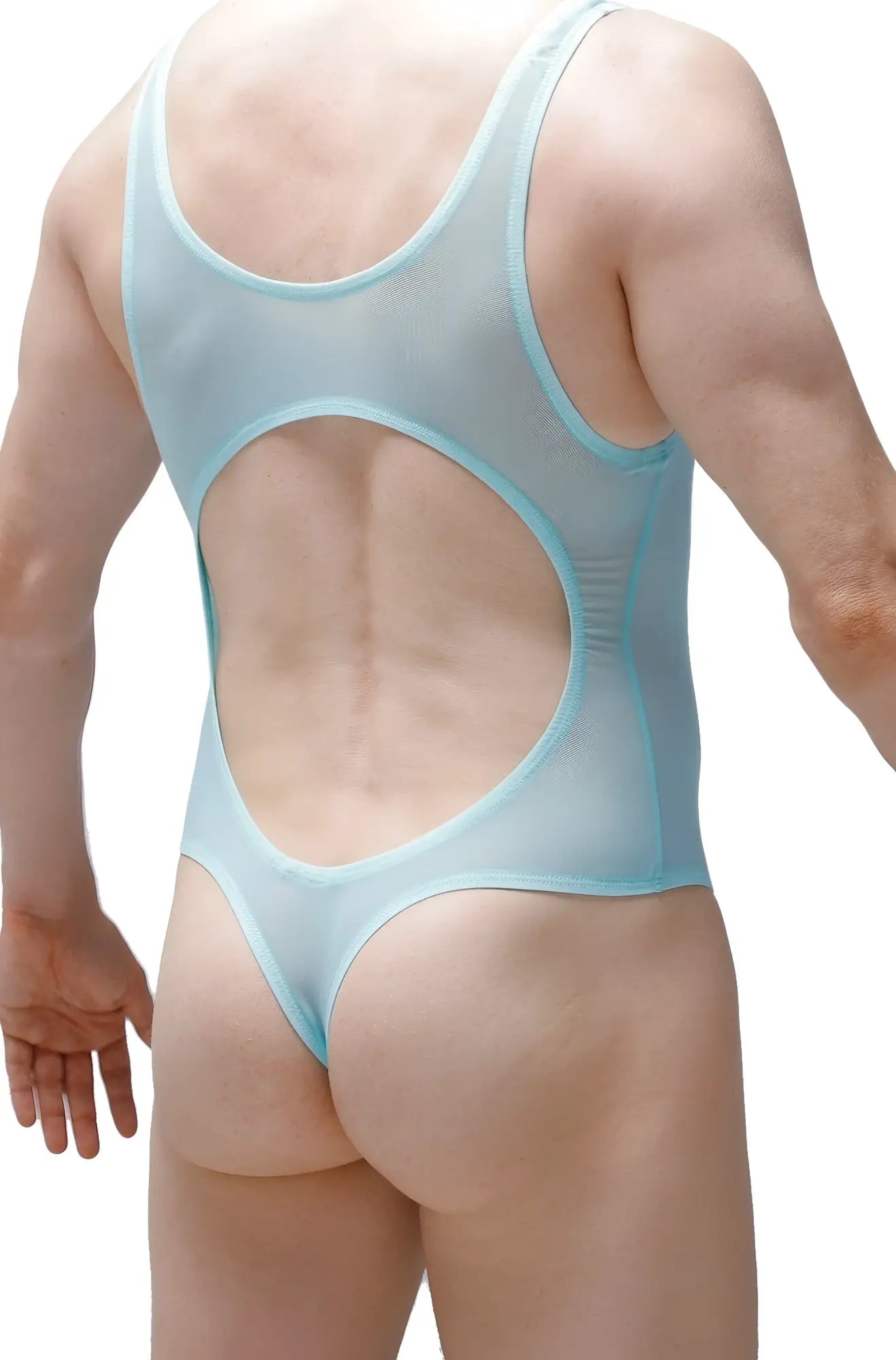 Back view of light blue sheer mesh one-piece swimsuit bodythong Nexon Net green with large circular cutout and thin straps