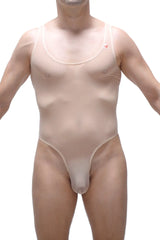 A sheer beige bodysuit with thin straps and a high cut leg design in bodythong nexon net nude style