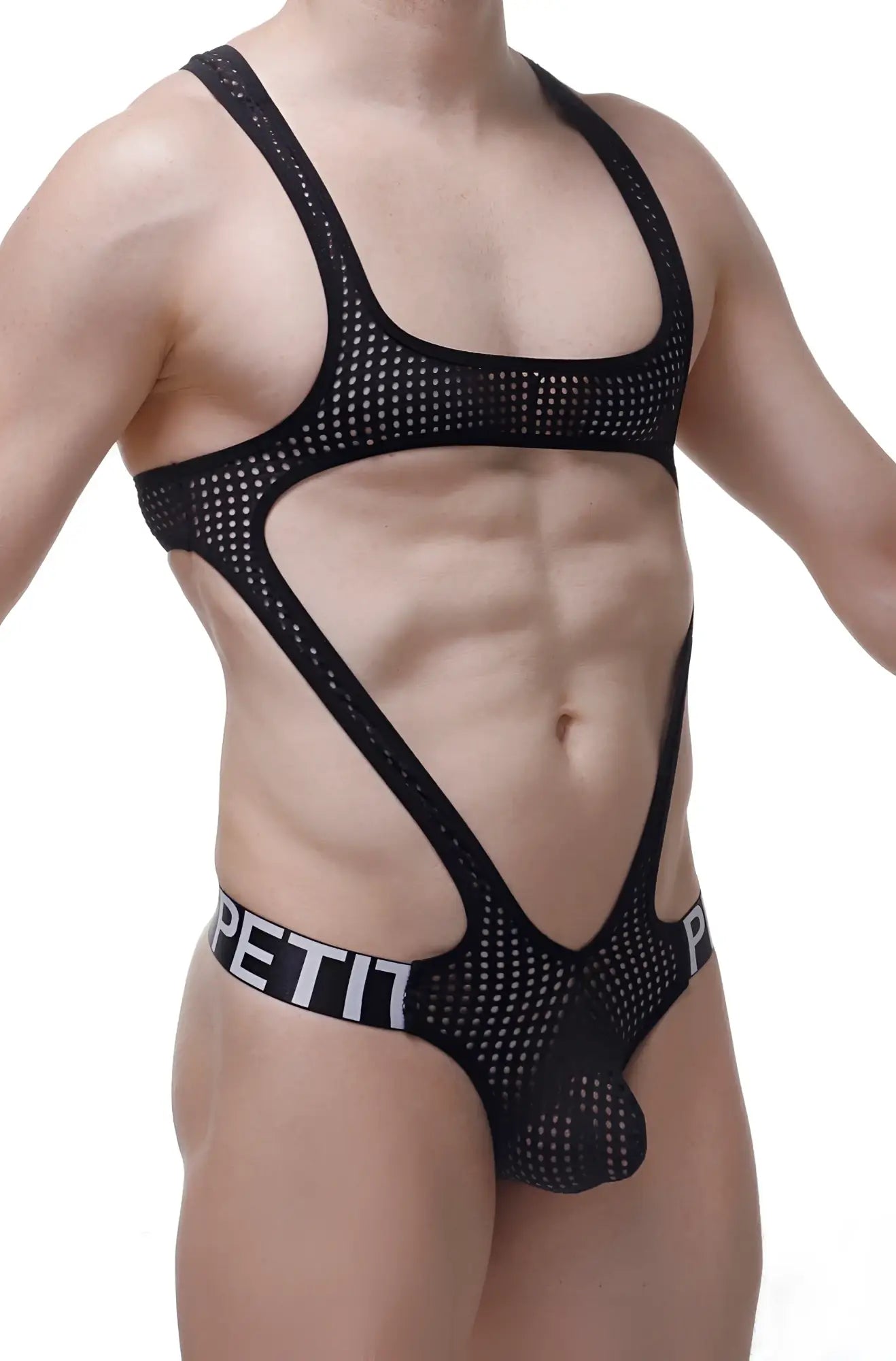 Black mesh bodysuit bodythong oze durtol with cut-out design and petit branding on waistband