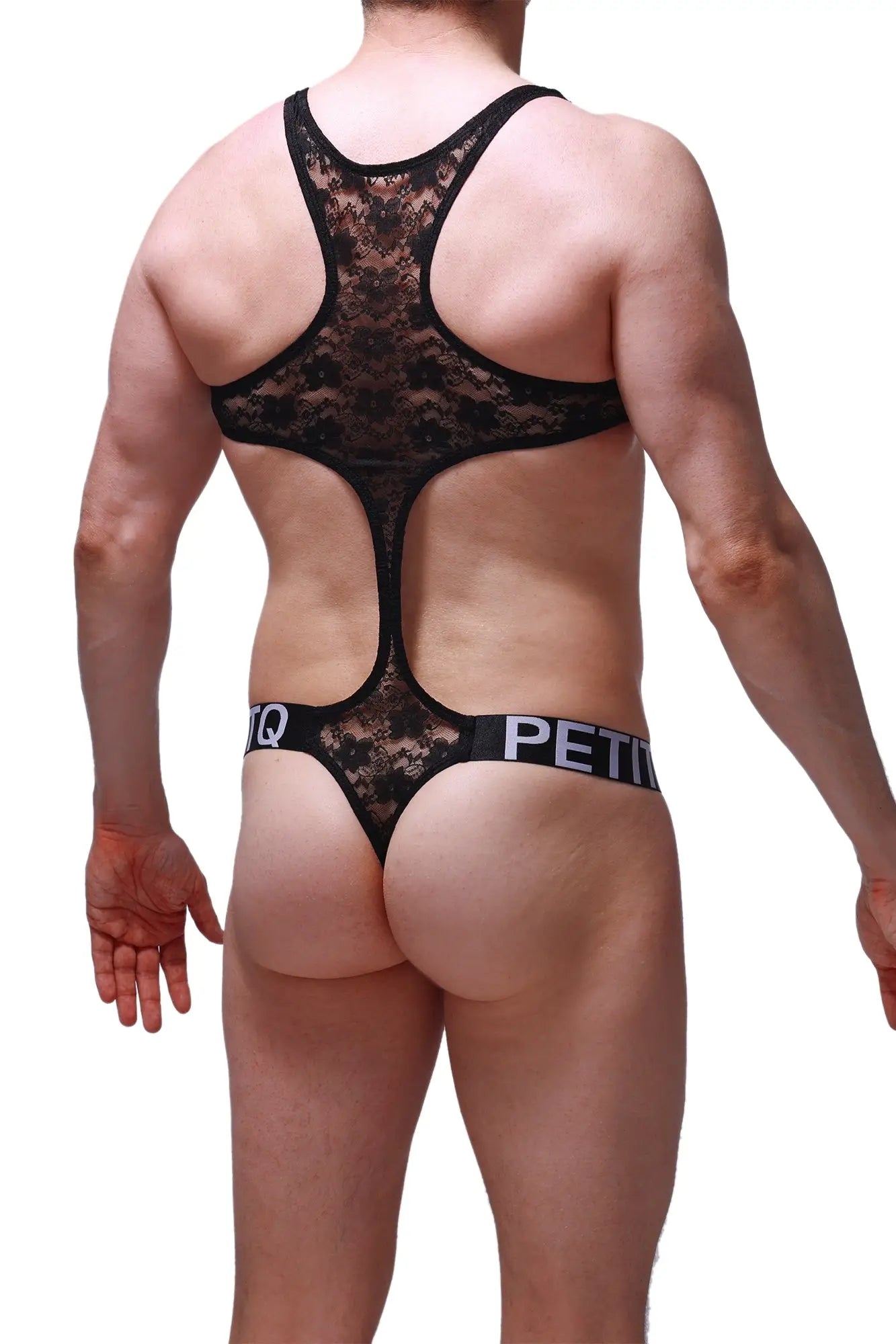 Back view of black lace bodythong oze lace with cutout back and petitq branded waistband