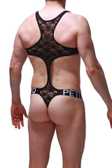 Back view of black lace bodythong oze lace with cutout back and petitq branded waistband