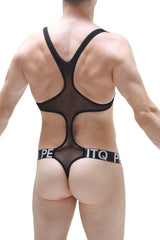Petity bodythong Oze net black sheer mesh bodysuit with bold black elastic straps and branded waistband front view