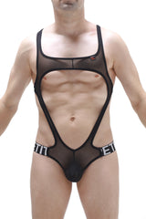PetitQ bodythong Oze net black sheer mesh bodysuit with bold black trim and distinctive cutout design front view