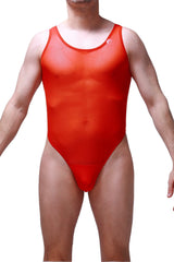 Translucent red one-piece swimsuit bodythong pencran red with scoop neckline and high-cut legs