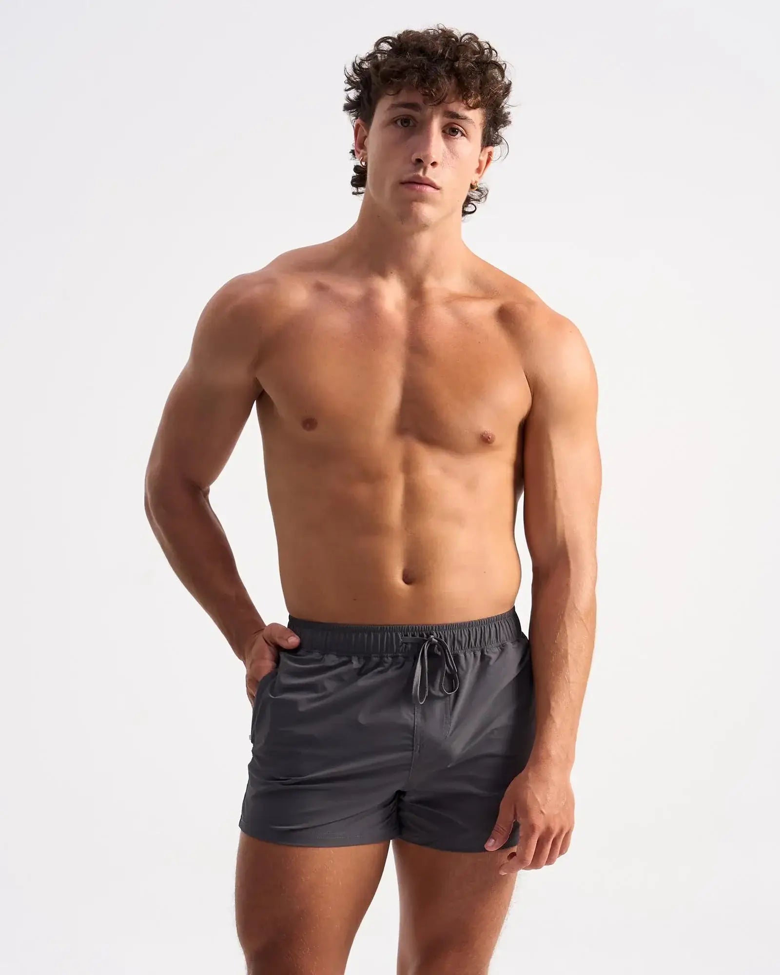 Dark gray bolt 3 short swim trunks with a sleek design and drawstring waistband for comfortable fit