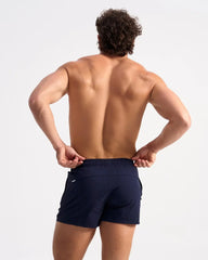 Navy blue bolt 3 inch athletic shorts with elastic waistband and side pockets for comfortable workouts