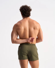 Olive green bolt 3 inch athletic shorts with sleek modern design and elastic waistband for active wear