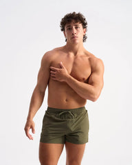 Olive green bolt 3 inch athletic shorts with drawstring waistband designed for comfortable active wear