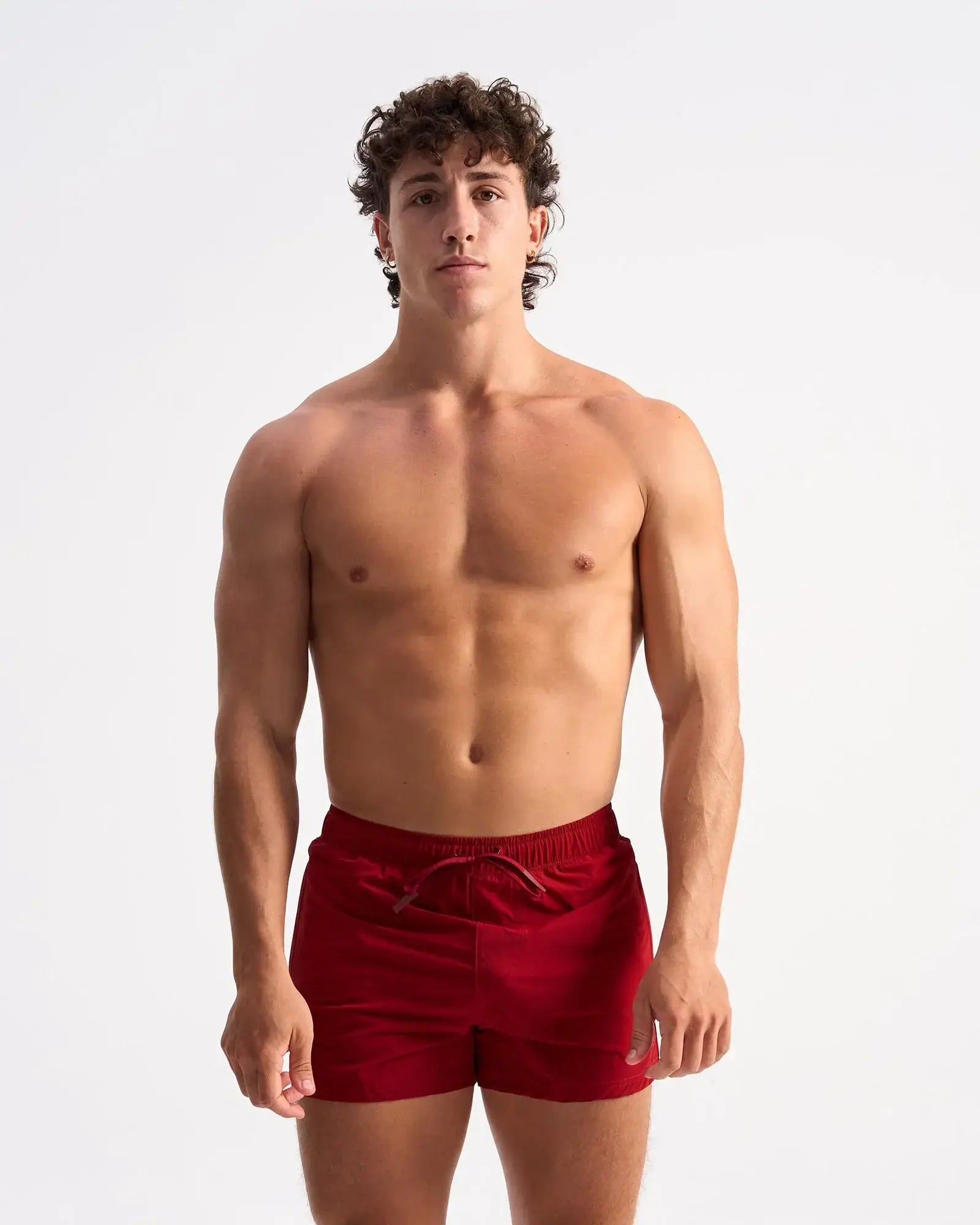 Bolt 3 inch short red velvet swim trunks with a drawstring waistband for adjustable fit and comfortable wear
