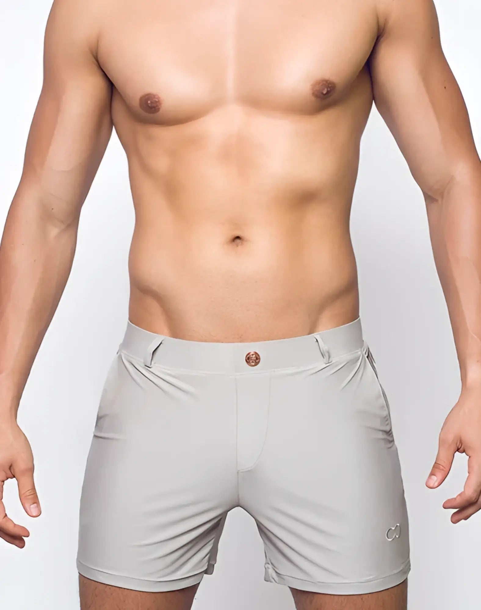 Gray BONDI short athletic shorts with subtle logo on lower right leg and matching button at waistband