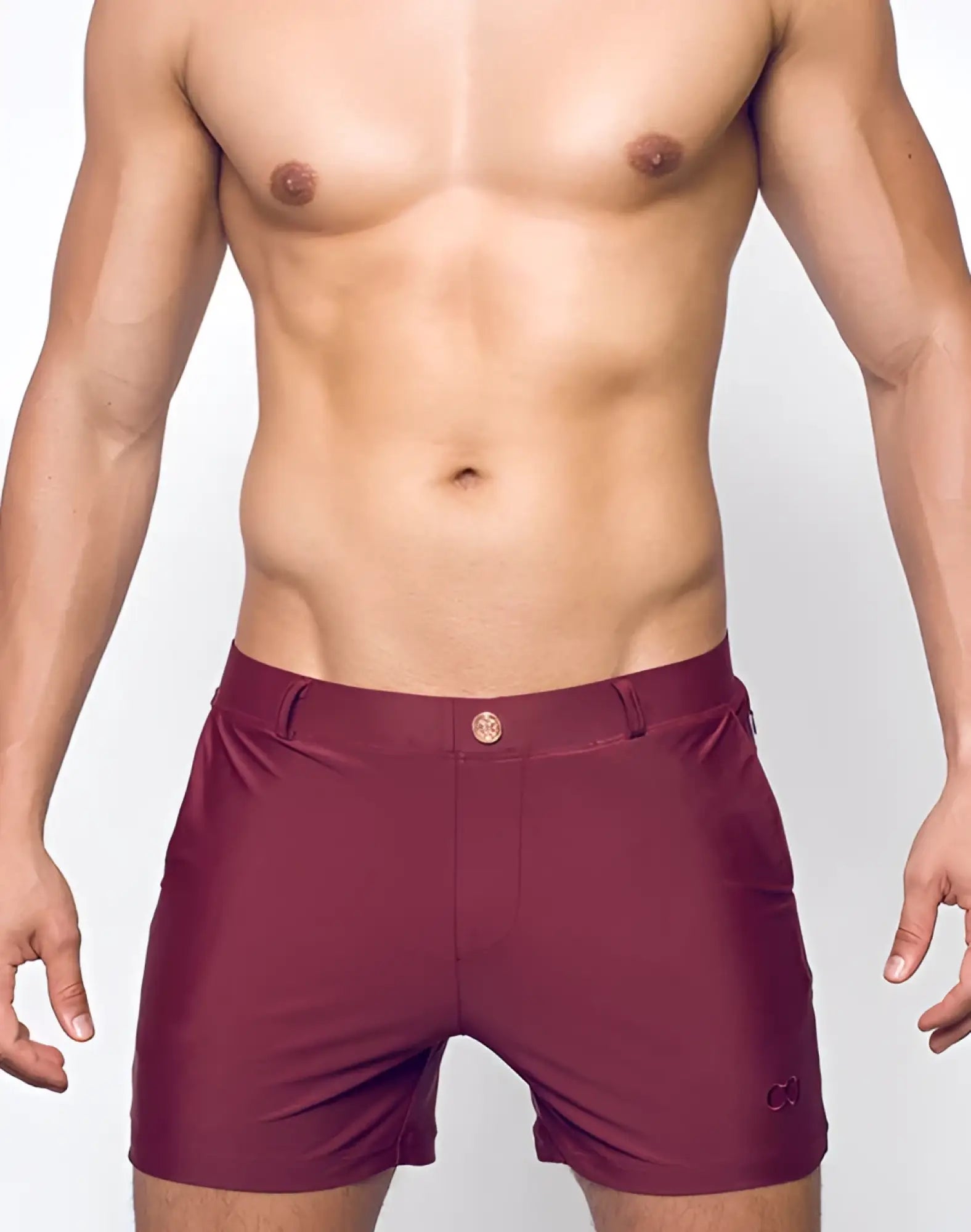 Maroon bondi short swim trunks with sleek form-fitting design and subtle brand logo on the lower right leg