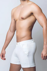 White Bondi short athletic shorts with sleek form-fitting design and subtle branding on the lower left leg
