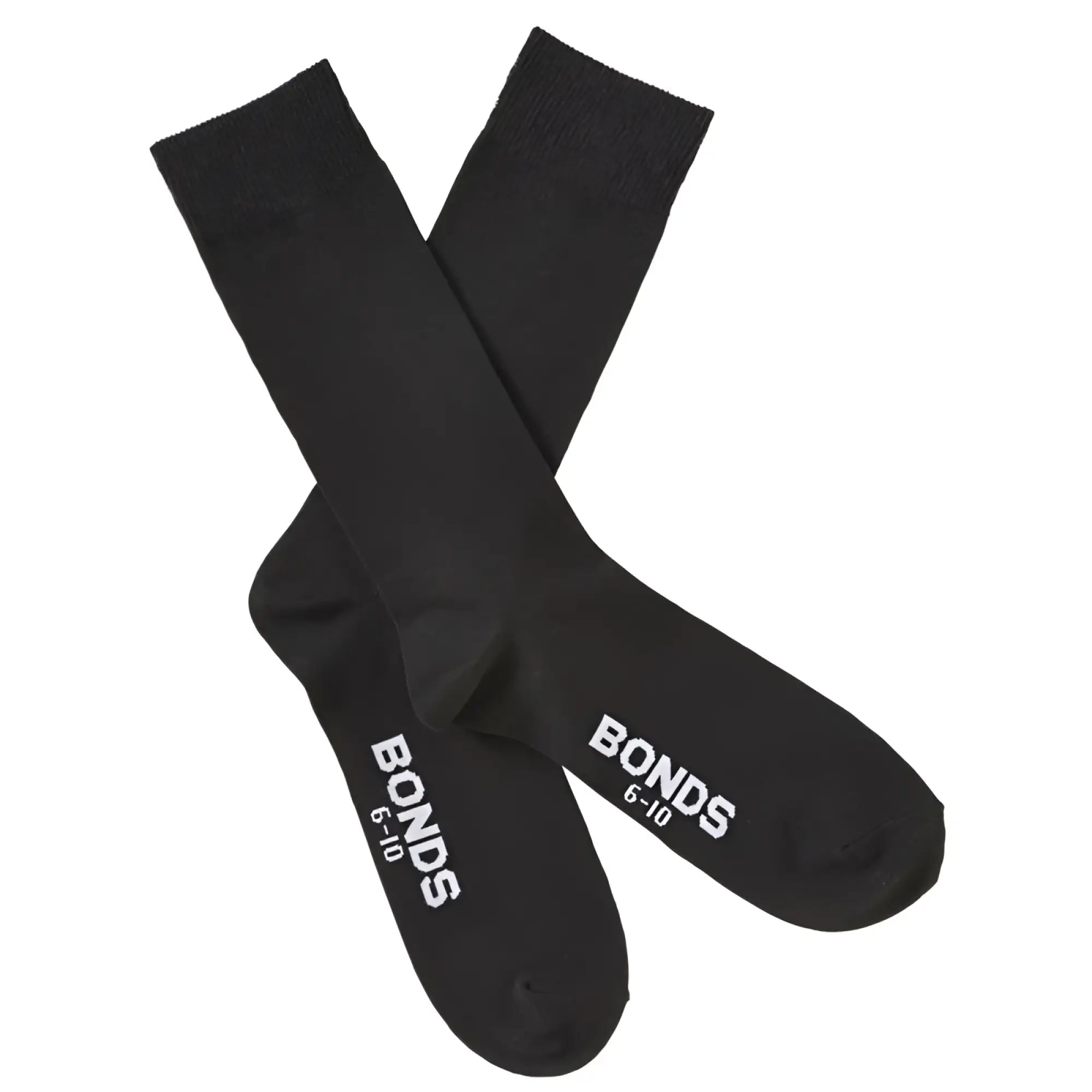 Black cotton bonds everyday oxford crew socks size 6-10 showing white branding on heel back side view