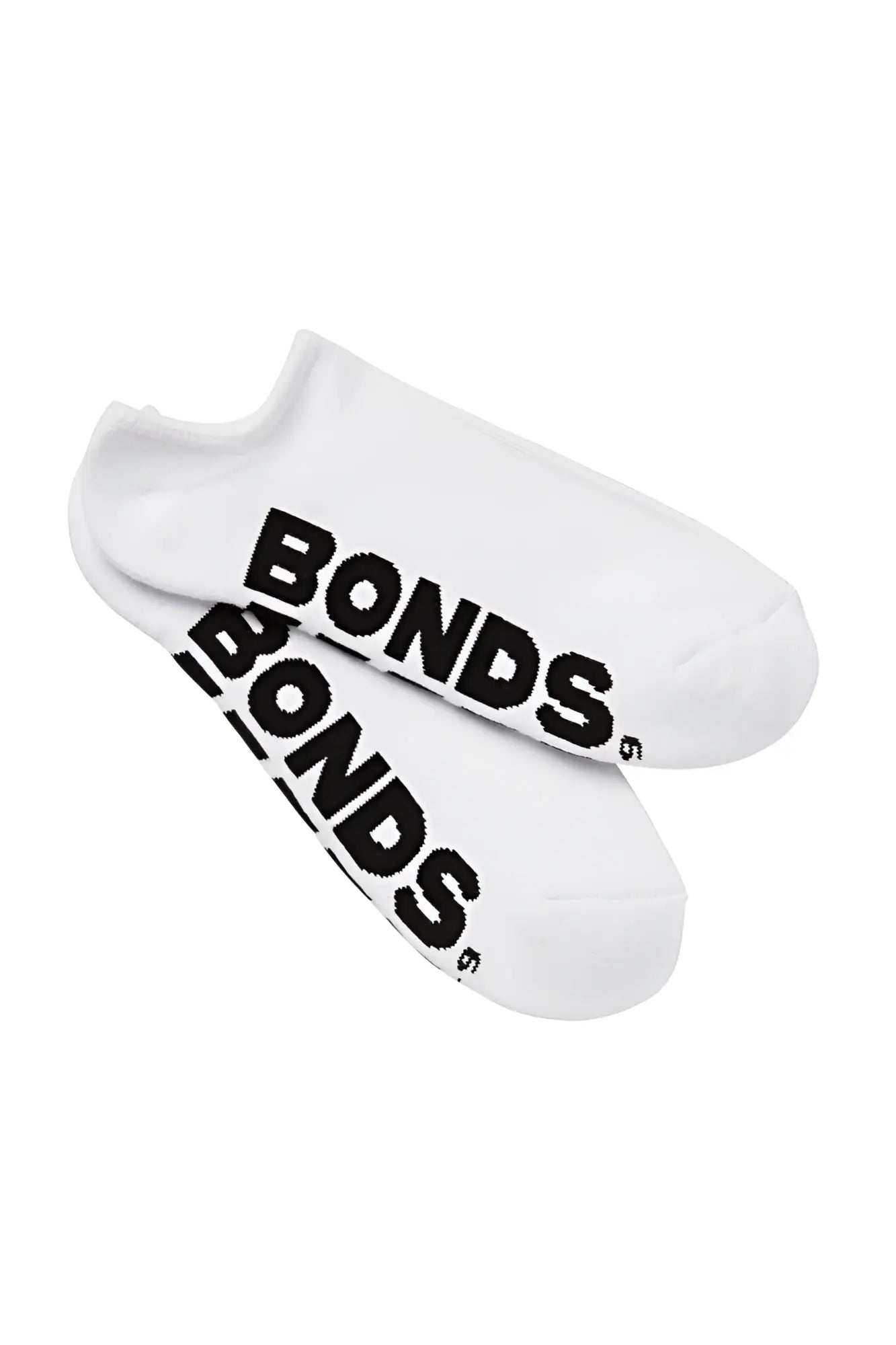 White bonds men’s no show sport socks with bold black branding across the foot size 6-10 pack of 3