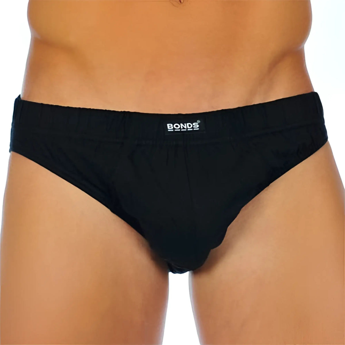 Bonds action brief black men’s briefs with a smooth elastic waistband in size 2XL showing the front side
