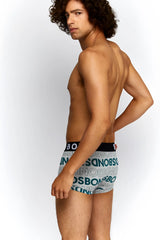Gray bonds allover logo fit trunk underwear size m with teal boss logo pattern and black branded waistband