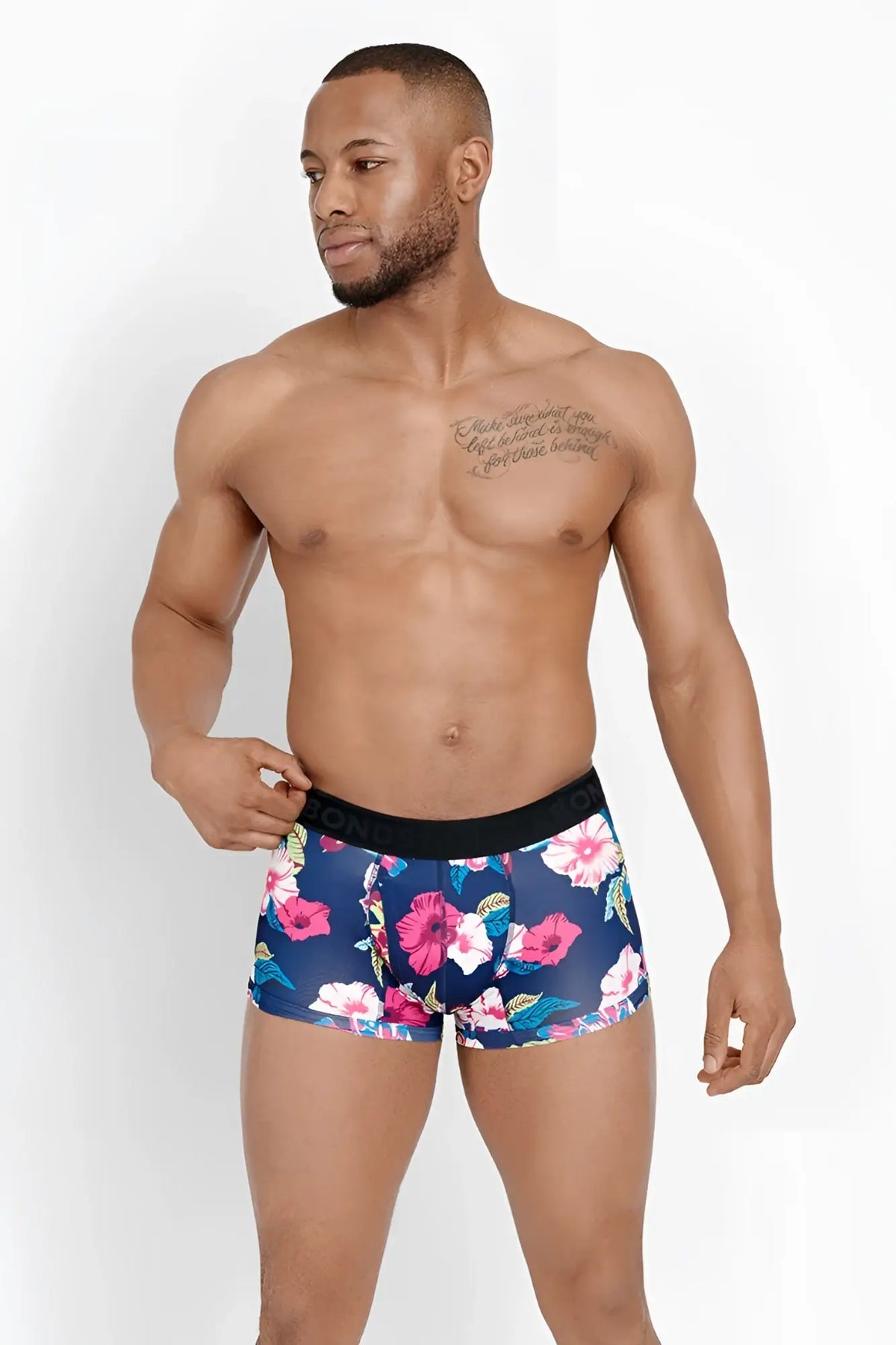 Bonds Fit Luxe trunk boxer brief underwear in navy blue floral design with black elastic waistband size XS