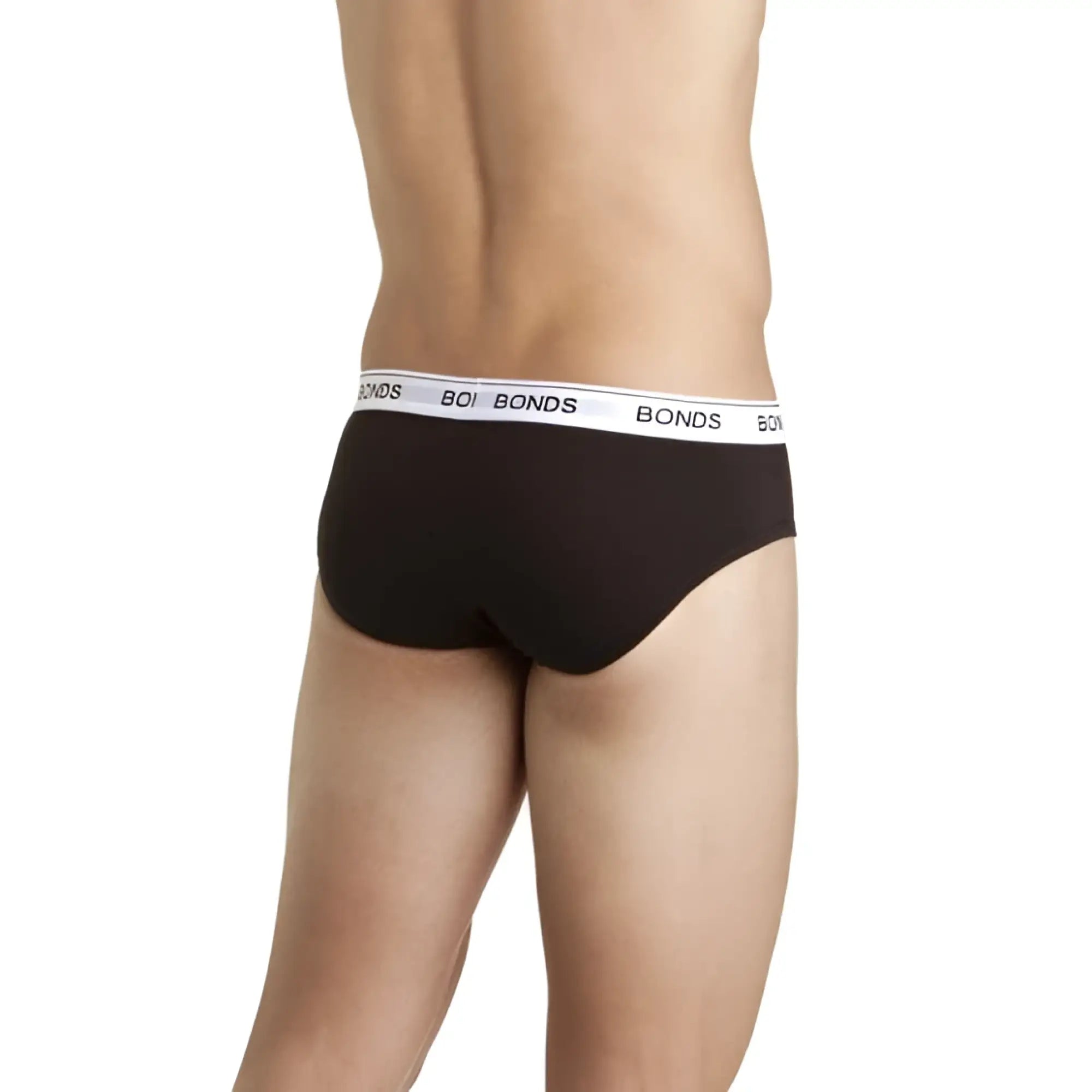 Black bonds guy front brief underwear with white elastic waistband and repeated black bonds branding size l