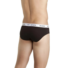 Black bonds guy front brief underwear with white elastic waistband and repeated black bonds branding size l