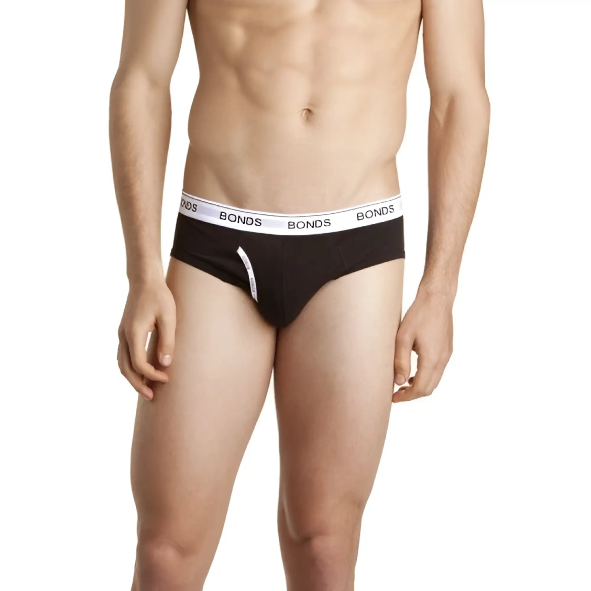 Black bonds guy front brief underwear in black with white elastic waistband featuring brand name in black lettering size l