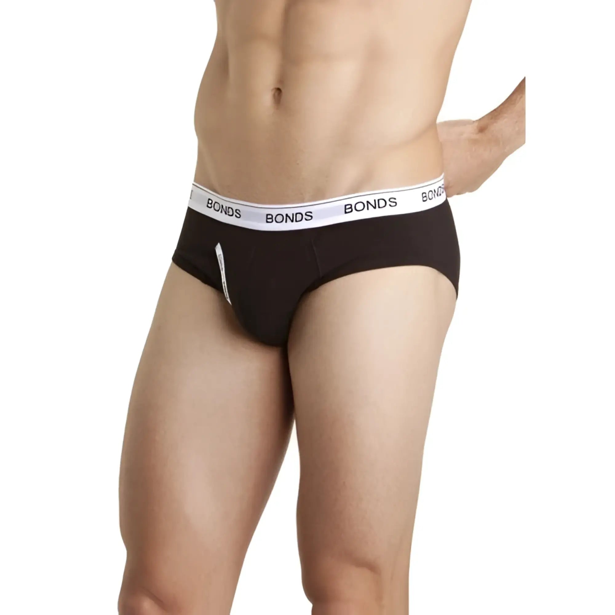 Bonds guy front brief underwear in black with white elastic waistband featuring black Bonds brand lettering size L
