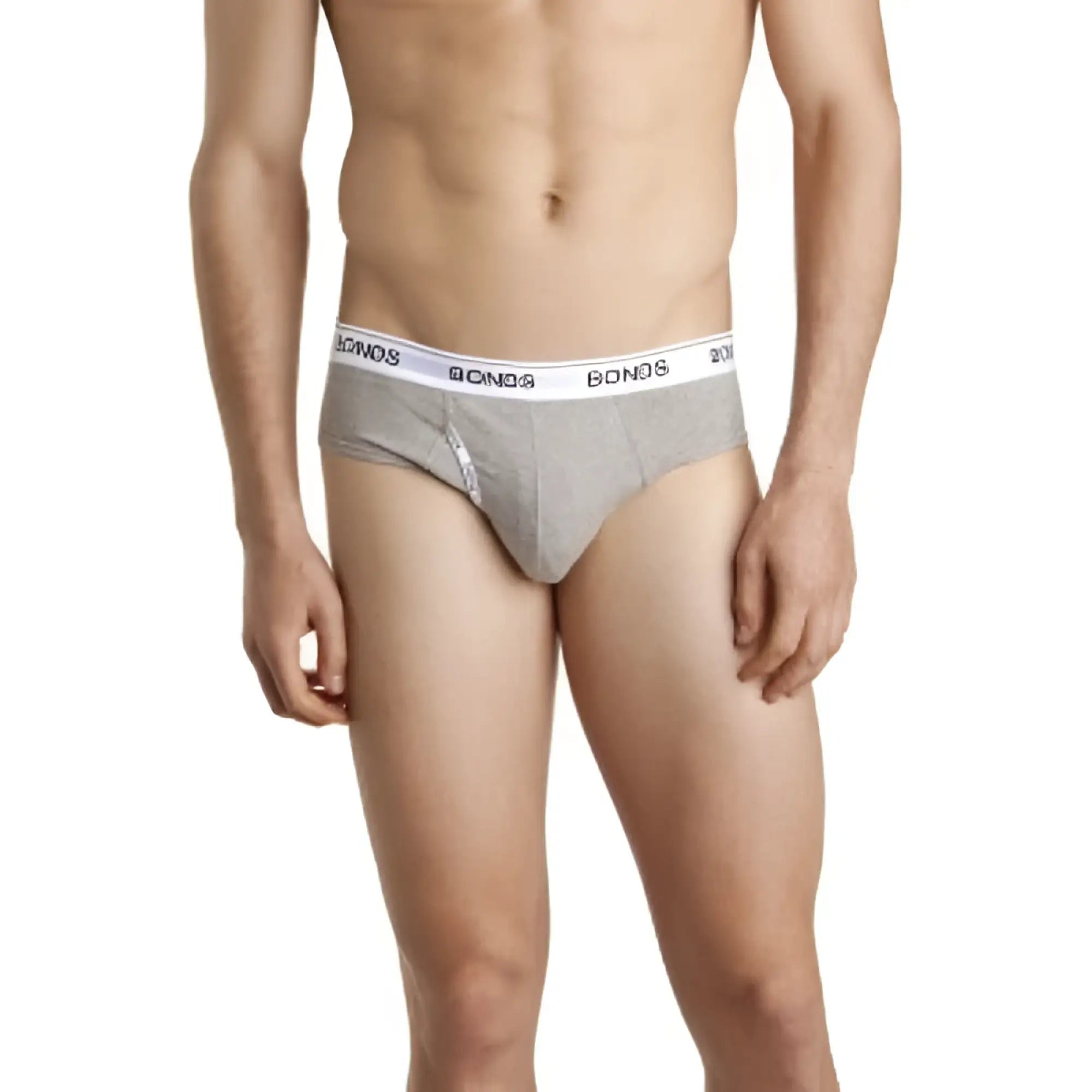 Gray bonds guy front brief underwear in size large with white elastic waistband and black brand lettering