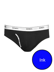 Black bonds guy front brief underwear ink color with white elastic waistband featuring bonds logo in size m