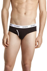 Bonds guyfront brief underwear in black with a white elastic waistband featuring the brand name in size s