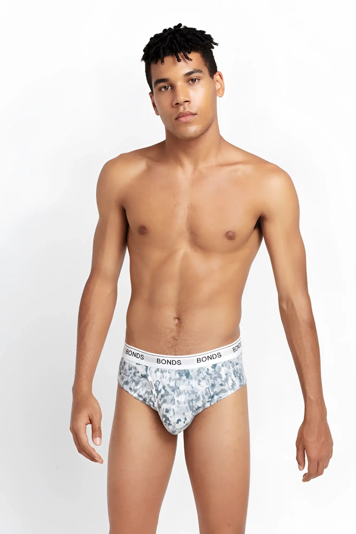 Bonds guyfront brief underwear in white and gray with a patterned design size m for comfortable everyday wear