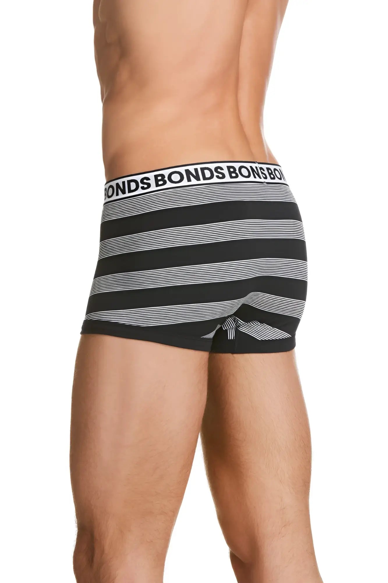 Bonds striped fit trunk underwear in black and white with striped pattern and repeating bonds logo waistband size s