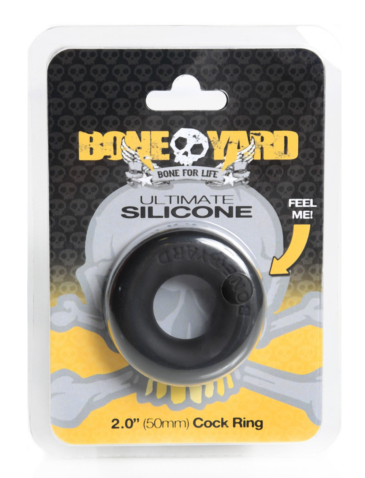 Black silicone cock ring from bone yard featuring a smooth circular design with an embossed skull logo
