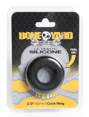 Black silicone cock ring from bone yard featuring a smooth circular design with an embossed skull logo