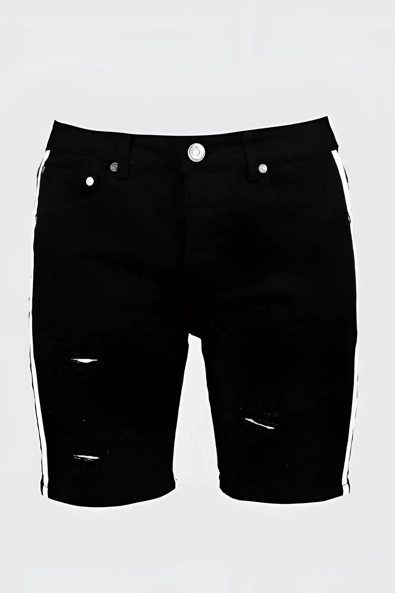 Boohoo skinny fit black denim shorts with white side tape and distressed ripped details size 32