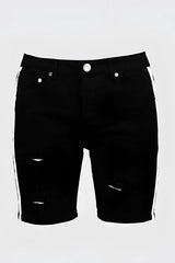 Boohoo skinny fit black denim shorts with white side tape and distressed ripped details size 32