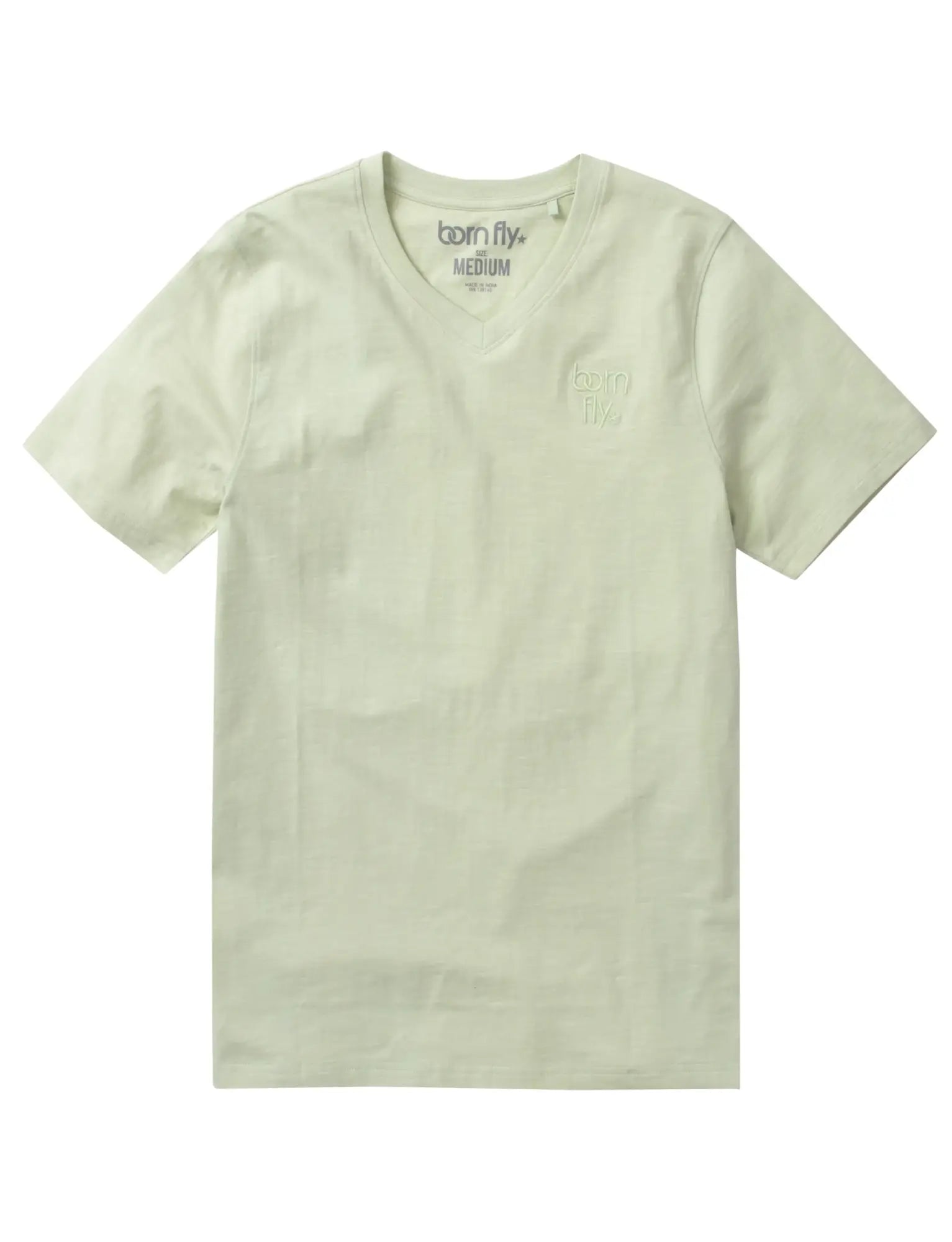 Born fly v-neck tee soft pale green short-sleeved shirt with subtle embroidered logo on left chest and brand tag inside collar
