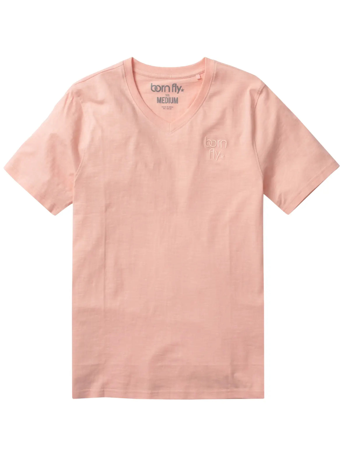 A soft pink cotton born fly v-neck tee with a subtle born fly logo embroidered on the left chest