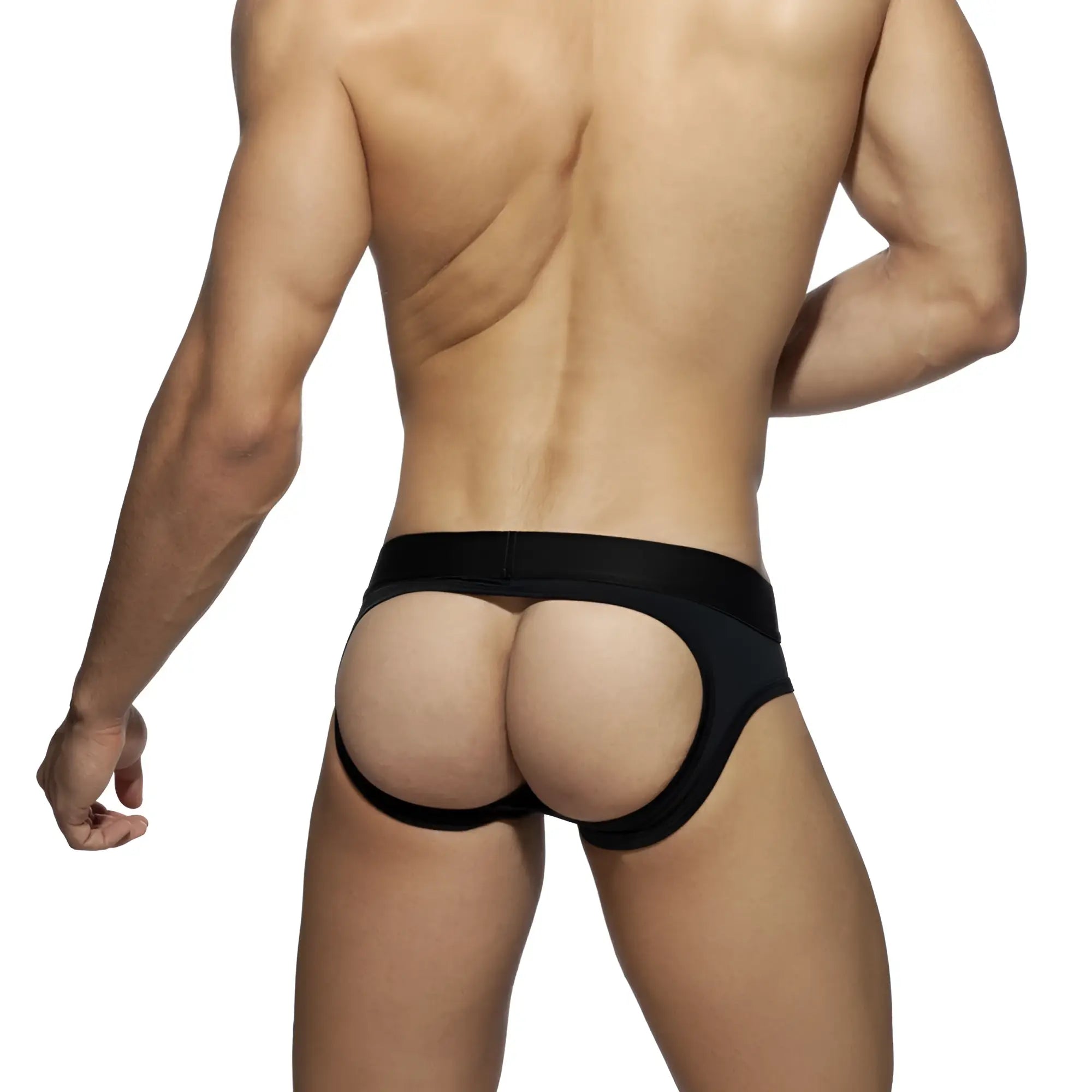 Black bottomless fetish brief showing back side with form-fitting high-waisted cutouts and wide elastic waistband