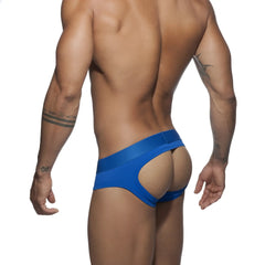 Bright blue bottomless fetish brief swim trunks with a form-fitting cutout design for bold swimwear style