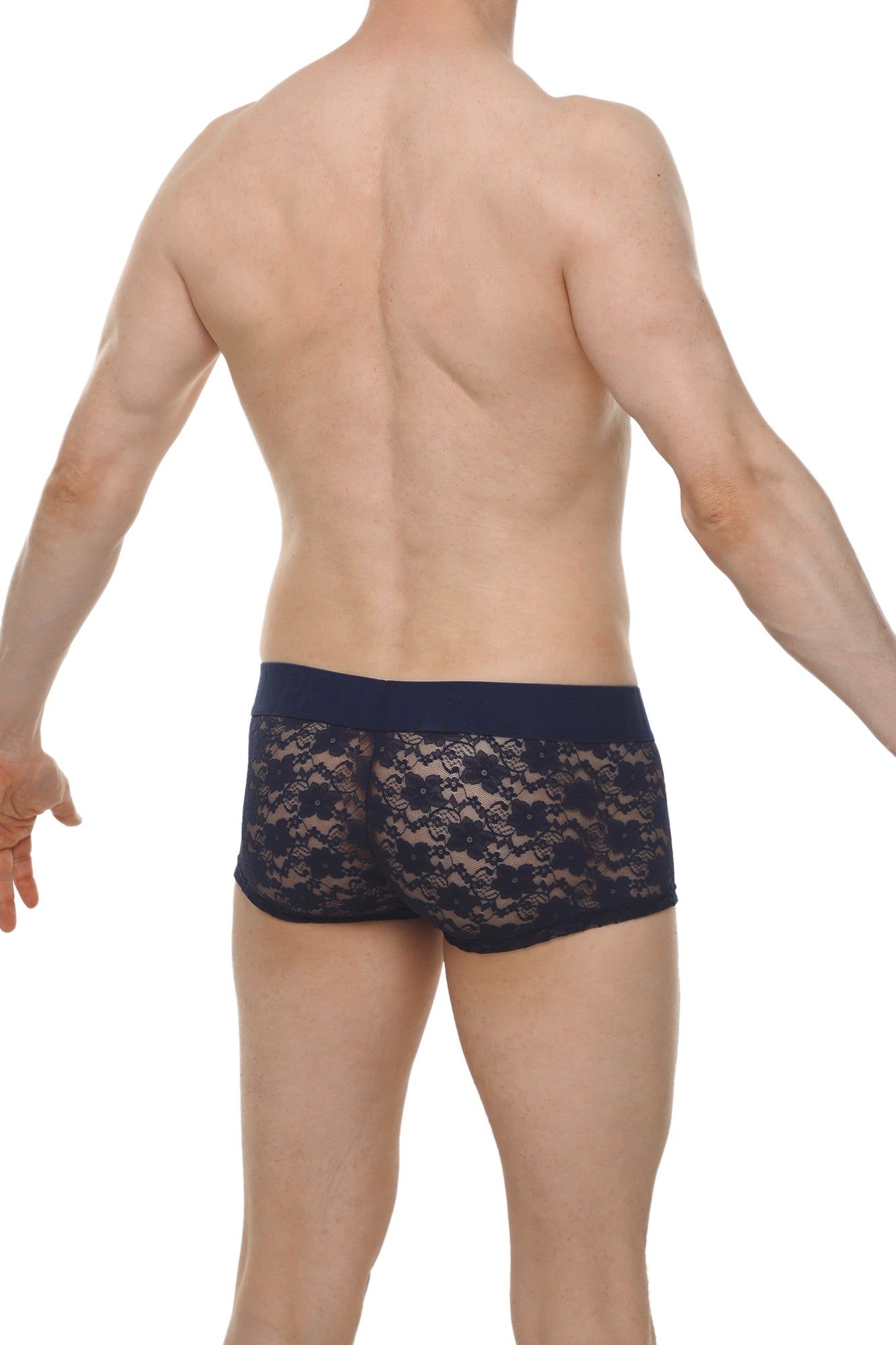 Navy blue lace boxer briefs with solid waistband showcasing delicate lace material and comfortable fit