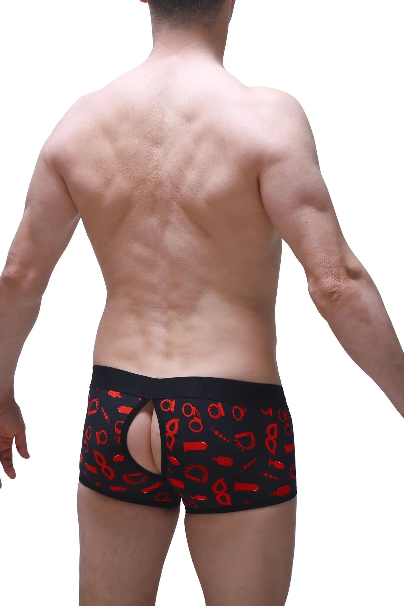 Black boxer anzex boudoir briefs with bold red handcuffs keys and erotic pattern on soft fabric