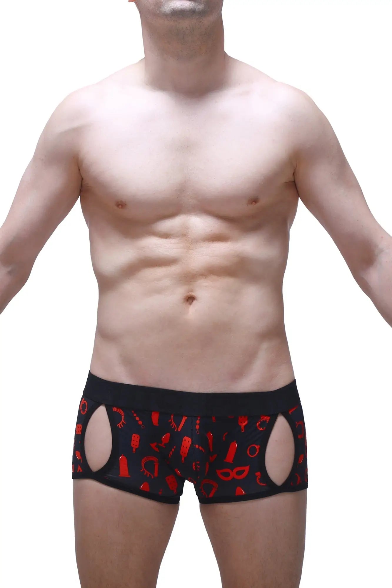Black men’s briefs boxer anzex boudoir with red erotic-themed cutouts and symbols on the front side