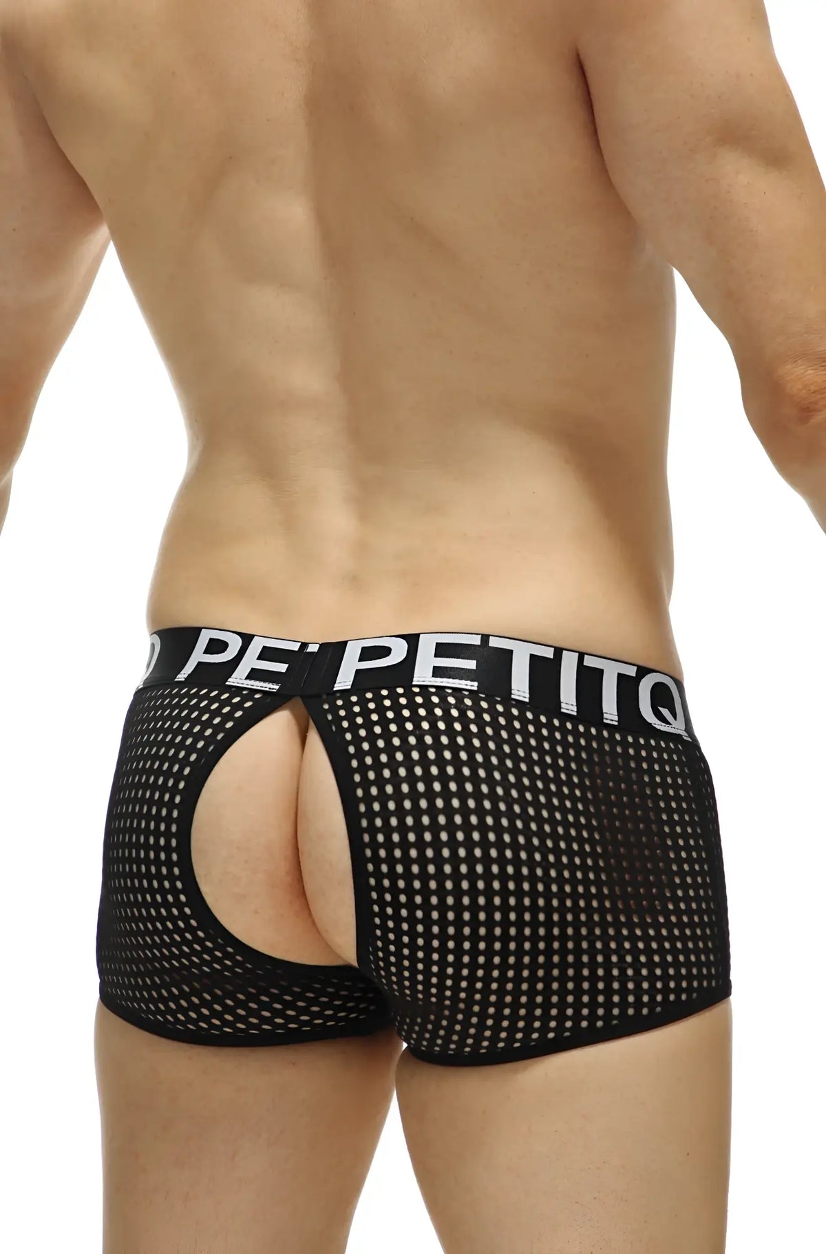 Black mesh boxer anzex durtol briefs with white petitq logo on the waistband